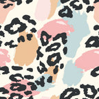 Abstract pattern with black irregular shapes on pastel peach, pink, and blue blobs against a cream background.