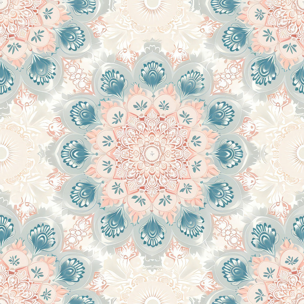 Intricate mandala with floral patterns in soft blue, peach, and cream hues, featuring symmetrical, detailed designs radiating from the center.