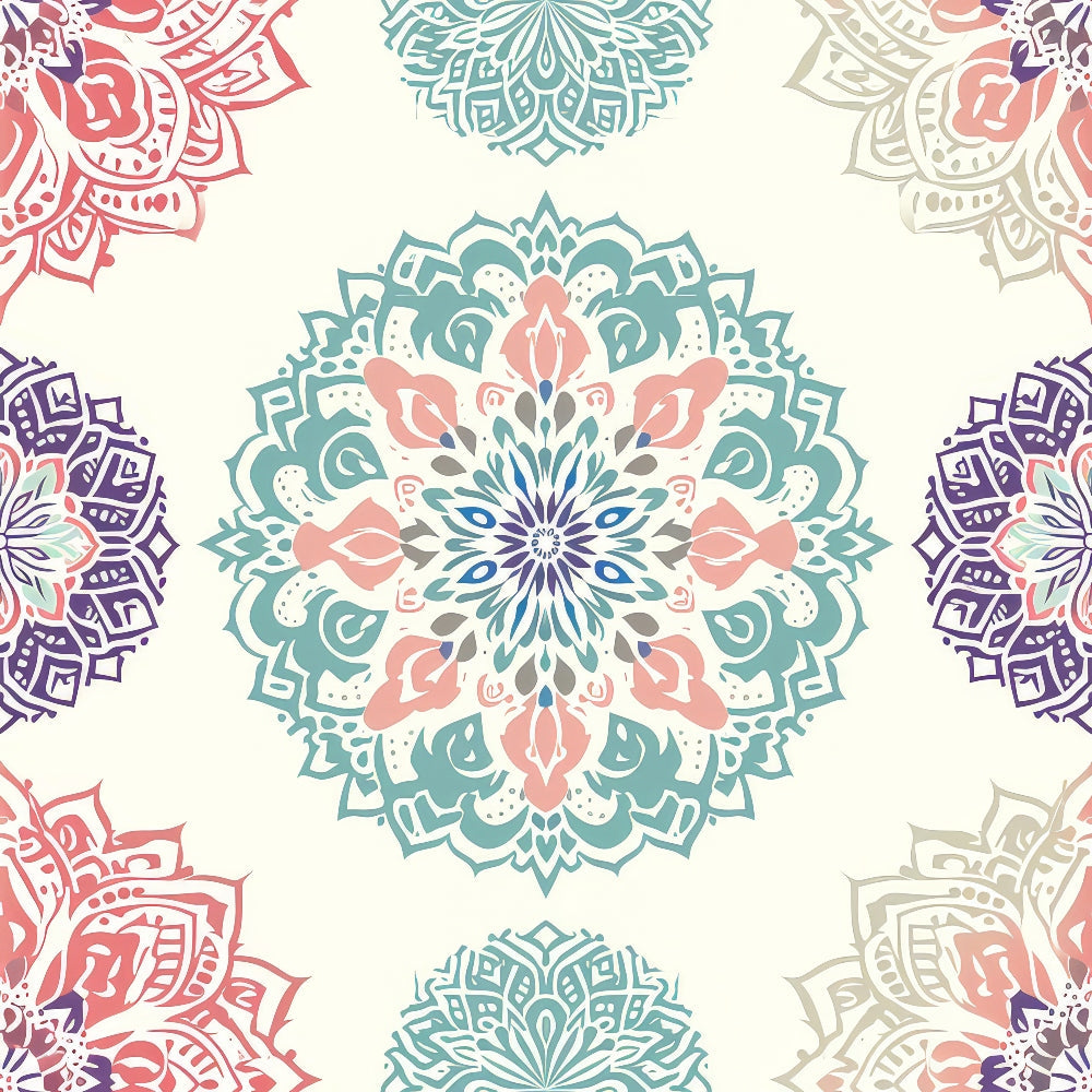 Colorful mandala patterns in blue, pink, purple, and beige, arranged symmetrically on a light background.
