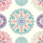 Colorful mandala patterns in blue, pink, purple, and beige, arranged symmetrically on a light background.