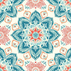 Intricate floral mandala pattern with teal, coral, and beige colors, featuring symmetrical geometric shapes and floral motifs on a light background.