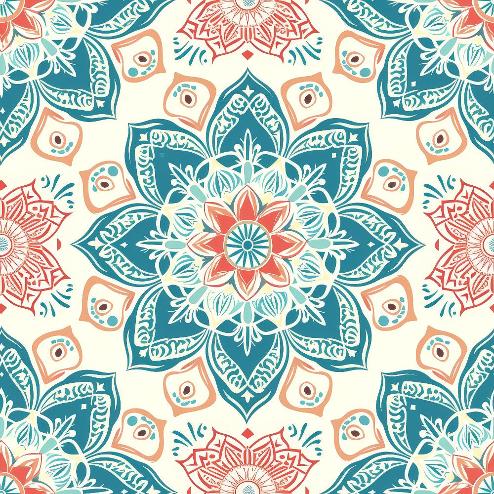 Intricate floral mandala pattern with teal, coral, and beige colors, featuring symmetrical geometric shapes and floral motifs on a light background.