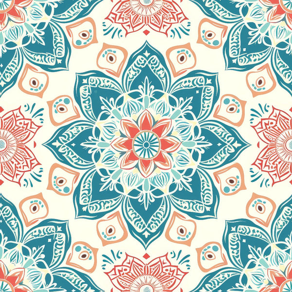 Intricate floral mandala pattern with teal, coral, and beige colors, featuring symmetrical geometric shapes and floral motifs on a light background.