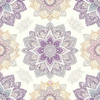 Intricate mandala pattern with symmetrical designs in shades of purple, gold, and gray on a light background.