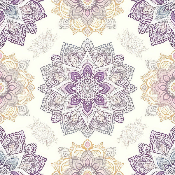 Intricate mandala pattern with symmetrical designs in shades of purple, gold, and gray on a light background.