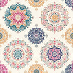 Intricate mandala patterns in various colors, including pink, blue, and yellow, arranged on a light background.