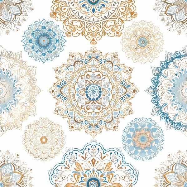 Intricate mandala patterns in blue, gold, and beige on a white background, featuring symmetrical floral and geometric designs.