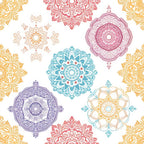 Colorful mandala patterns in red, blue, yellow, and purple on a white background, arranged symmetrically.