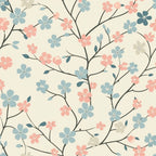 Pattern of branches with pink, blue, and gray flowers on a cream background.