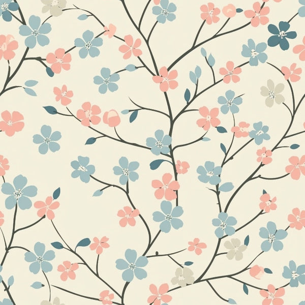 Pattern of branches with pink, blue, and gray flowers on a cream background.