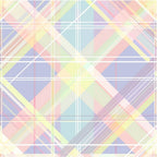 A pastel tartan pattern featuring intersecting diagonal and vertical lines in pink, yellow, blue, and green hues on a light background.