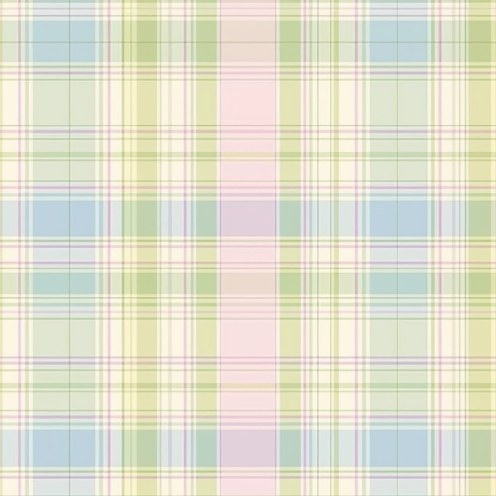 Plaid pattern with intersecting lines in pastel green, blue, pink, and yellow forming squares and rectangles.