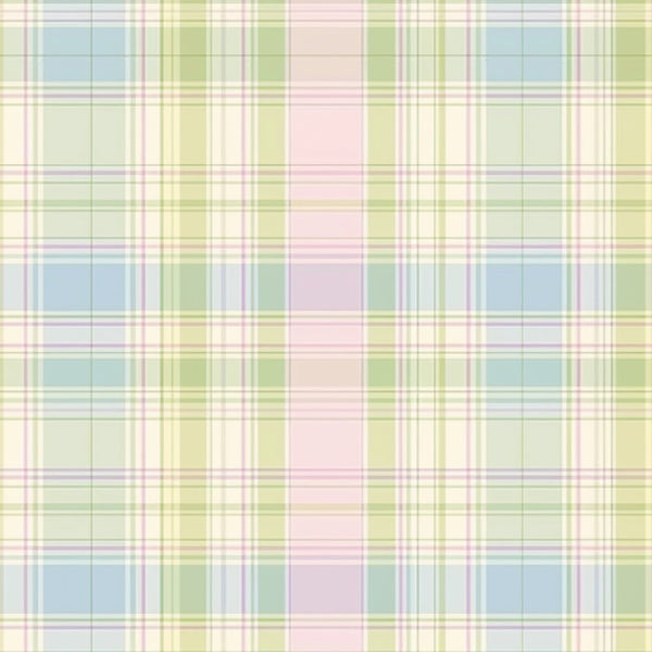 Plaid pattern with intersecting lines in pastel green, blue, pink, and yellow forming squares and rectangles.