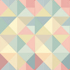 Geometric pattern with pastel triangles and squares in shades of pink, blue, yellow, and green.