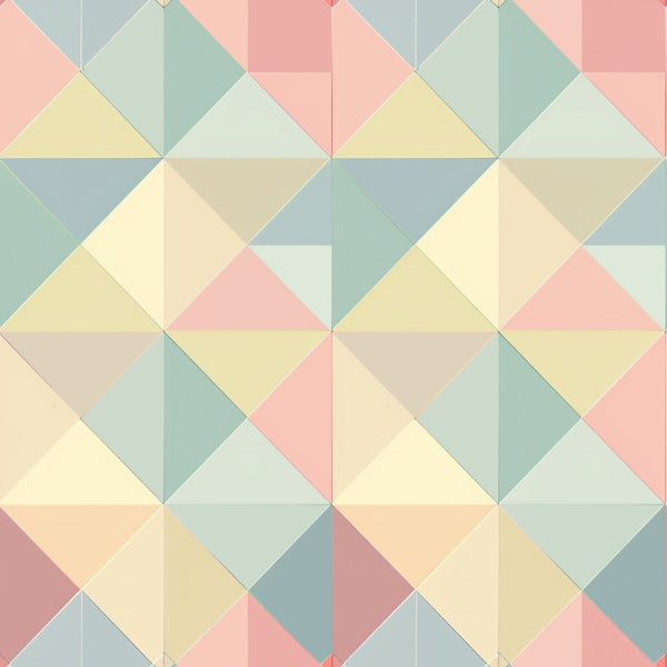 Geometric pattern with pastel triangles and squares in shades of pink, blue, yellow, and green.