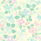 Pastel floral pattern with green leaves and butterflies on a light background.