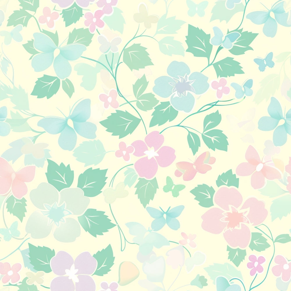 Pastel floral pattern with green leaves and butterflies on a light background.
