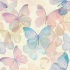 A pastel-colored pattern of overlapping butterflies on a light background.