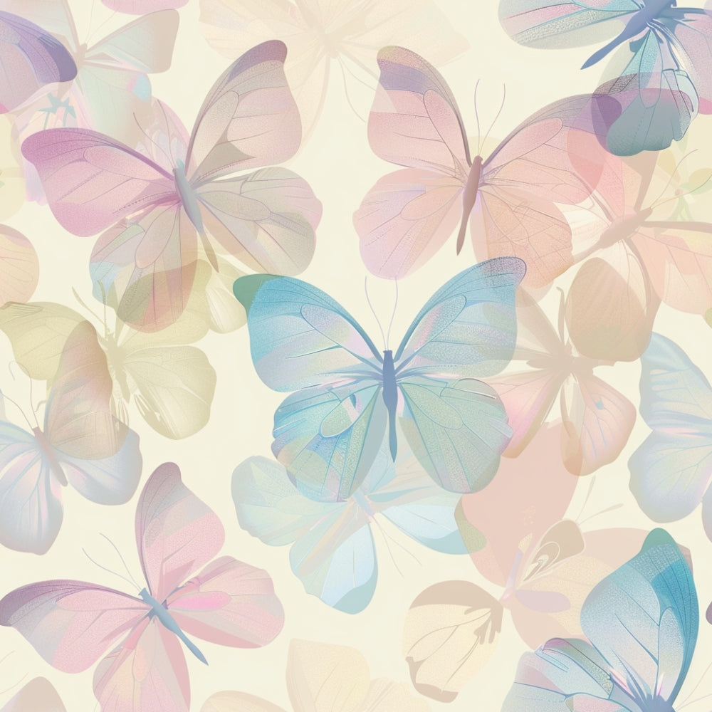 A pastel-colored pattern of overlapping butterflies on a light background.