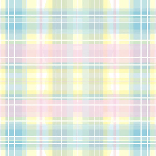 Pastel-colored plaid pattern with intersecting lines in blue, yellow, pink, and green hues.