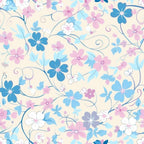 Floral pattern with pink, blue, and white flowers on a light background, featuring curved vines and leaves.