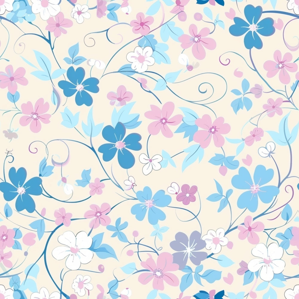 Floral pattern with pink, blue, and white flowers on a light background, featuring curved vines and leaves.