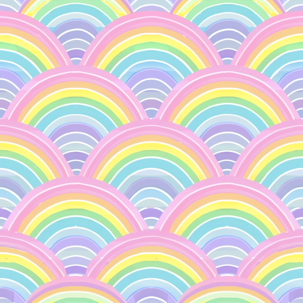 Pattern of overlapping rainbows with pink, yellow, green, blue, and purple arcs, creating a seamless, colorful design.