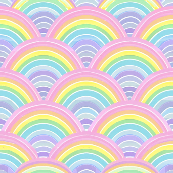 Pattern of overlapping rainbows with pink, yellow, green, blue, and purple arcs, creating a seamless, colorful design.