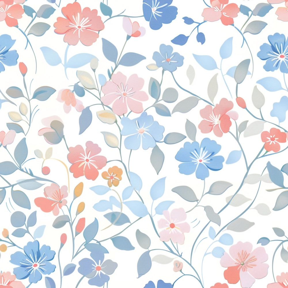Floral pattern with blue, pink, and red flowers and green leaves on a white background.