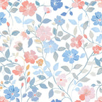 Floral pattern with blue, pink, and red flowers and green leaves on a white background.
