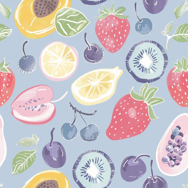 Colorful pattern of various fruits, including strawberries, lemons, cherries, kiwis, papayas, and plums, on a light blue background.