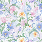Floral pattern with various colorful flowers and green leaves on a light background, featuring swirls and decorative elements.