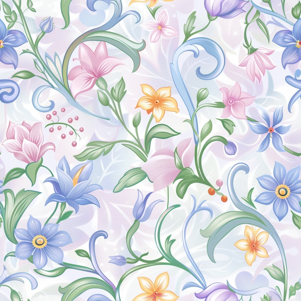 Floral pattern with various colorful flowers and green leaves on a light background, featuring swirls and decorative elements.