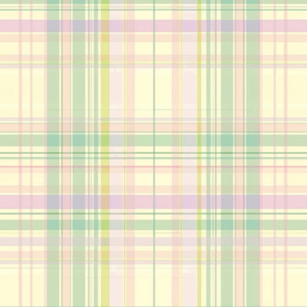 Plaid pattern with pastel colors including yellow, green, pink, and beige forming intersecting lines on a light background.