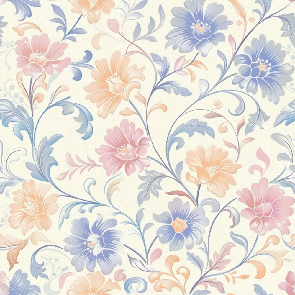 Floral pattern with swirling vines and leaves featuring pink, peach, and blue flowers on a light background.