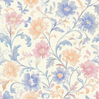Floral pattern with swirling vines and leaves featuring pink, peach, and blue flowers on a light background.