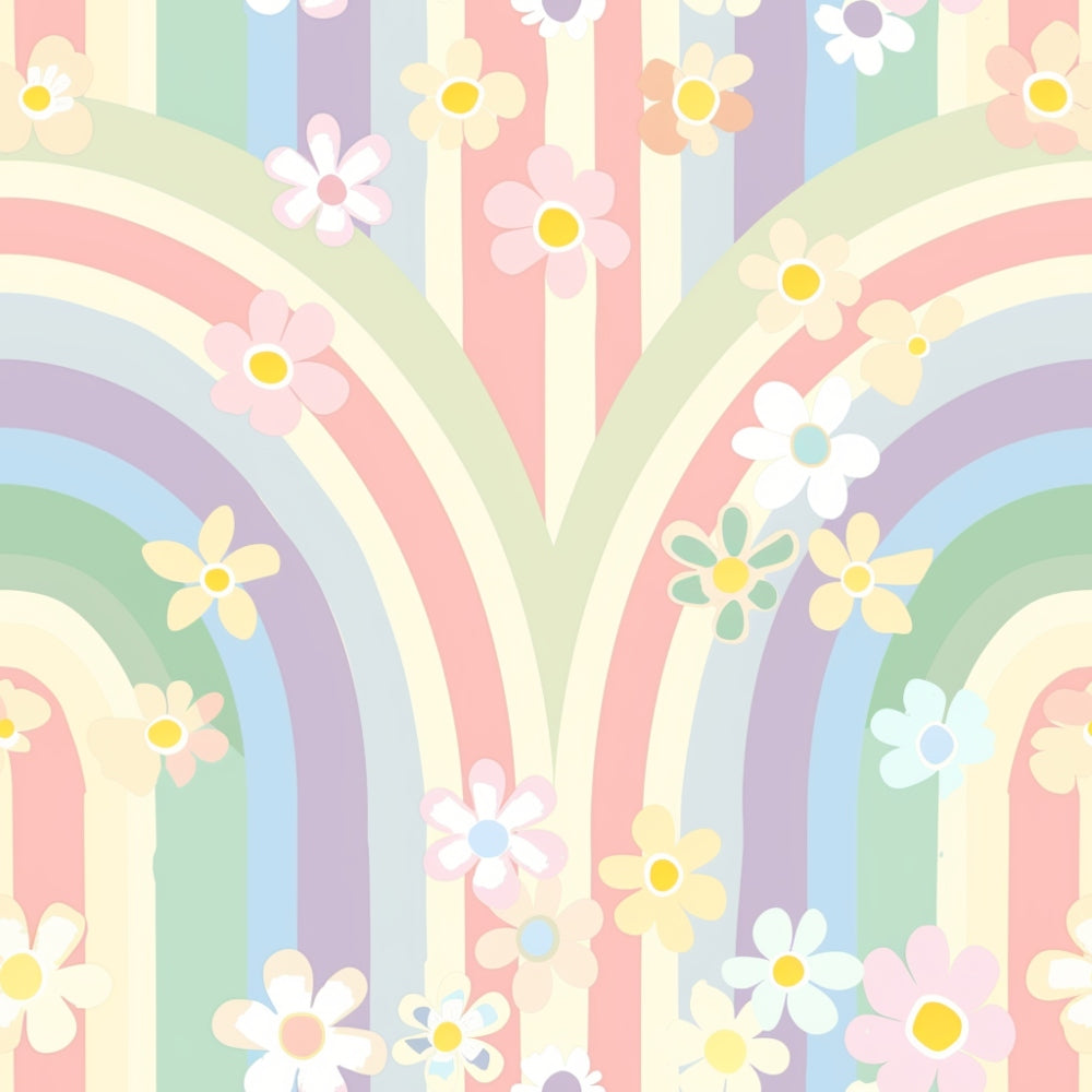 Pattern with pastel rainbow arches and scattered daisy flowers in soft colors.