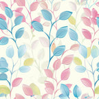 A pattern of pastel-colored leaves in blue, pink, and yellow on intertwining branches, set against a light background.