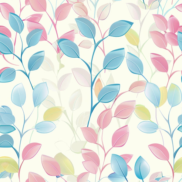 A pattern of pastel-colored leaves in blue, pink, and yellow on intertwining branches, set against a light background.