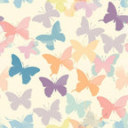 A pattern of colorful butterflies in pastel shades against a light background.