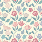 A seamless floral pattern with pink, purple, and blue flowers and green leaves on a light yellow background.