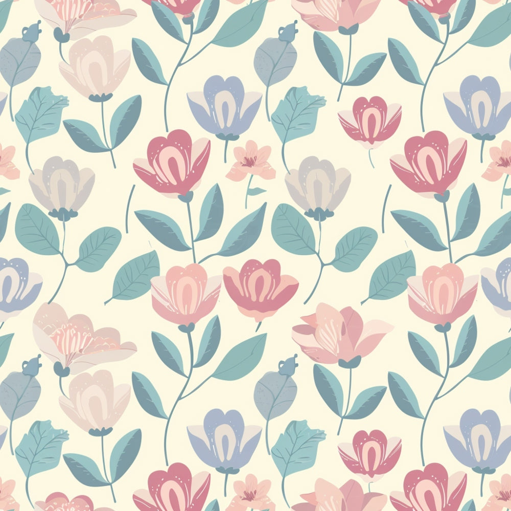 A seamless floral pattern with pink, purple, and blue flowers and green leaves on a light yellow background.