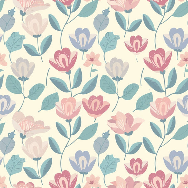 A seamless floral pattern with pink, purple, and blue flowers and green leaves on a light yellow background.