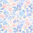 Floral pattern with pastel blue and pink flowers and leaves on a light background.