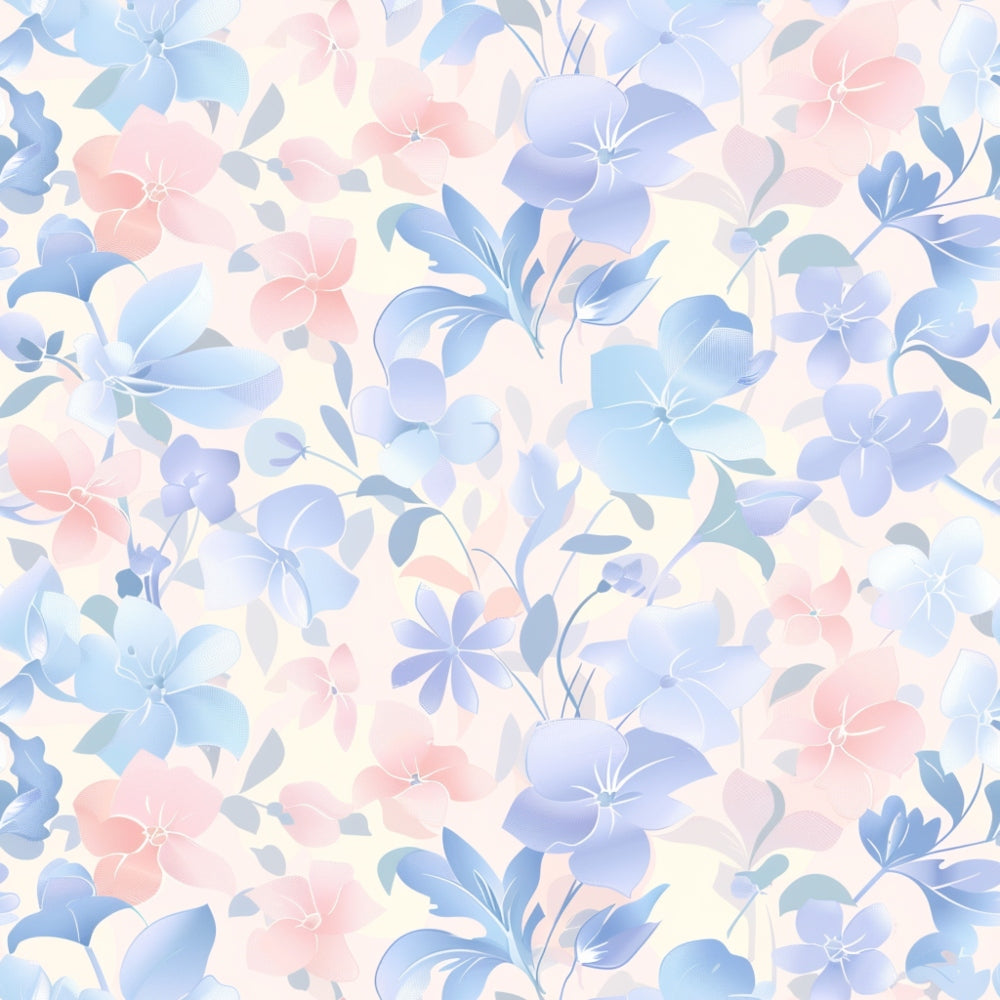 Floral pattern with pastel blue and pink flowers and leaves on a light background.