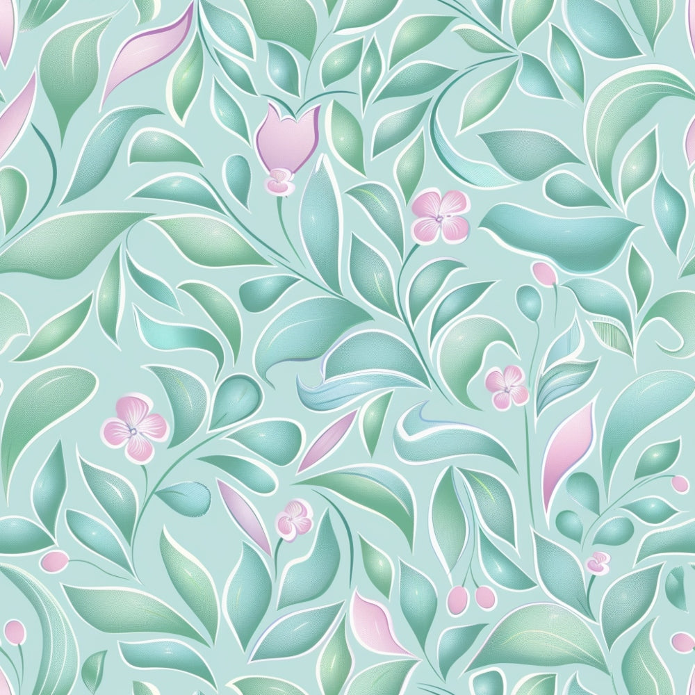 Seamless pattern of stylized green leaves and pink flowers on a light turquoise background.
