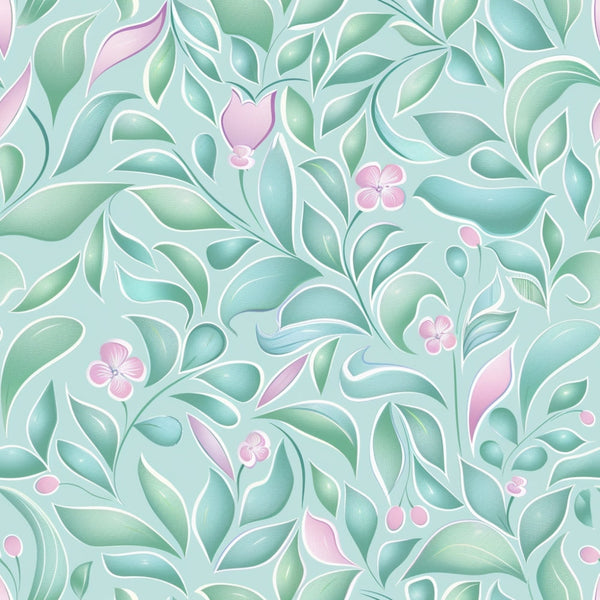 Seamless pattern of stylized green leaves and pink flowers on a light turquoise background.