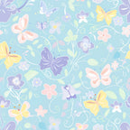 Patterned design featuring butterflies and flowers in pastel colors on a light blue background.