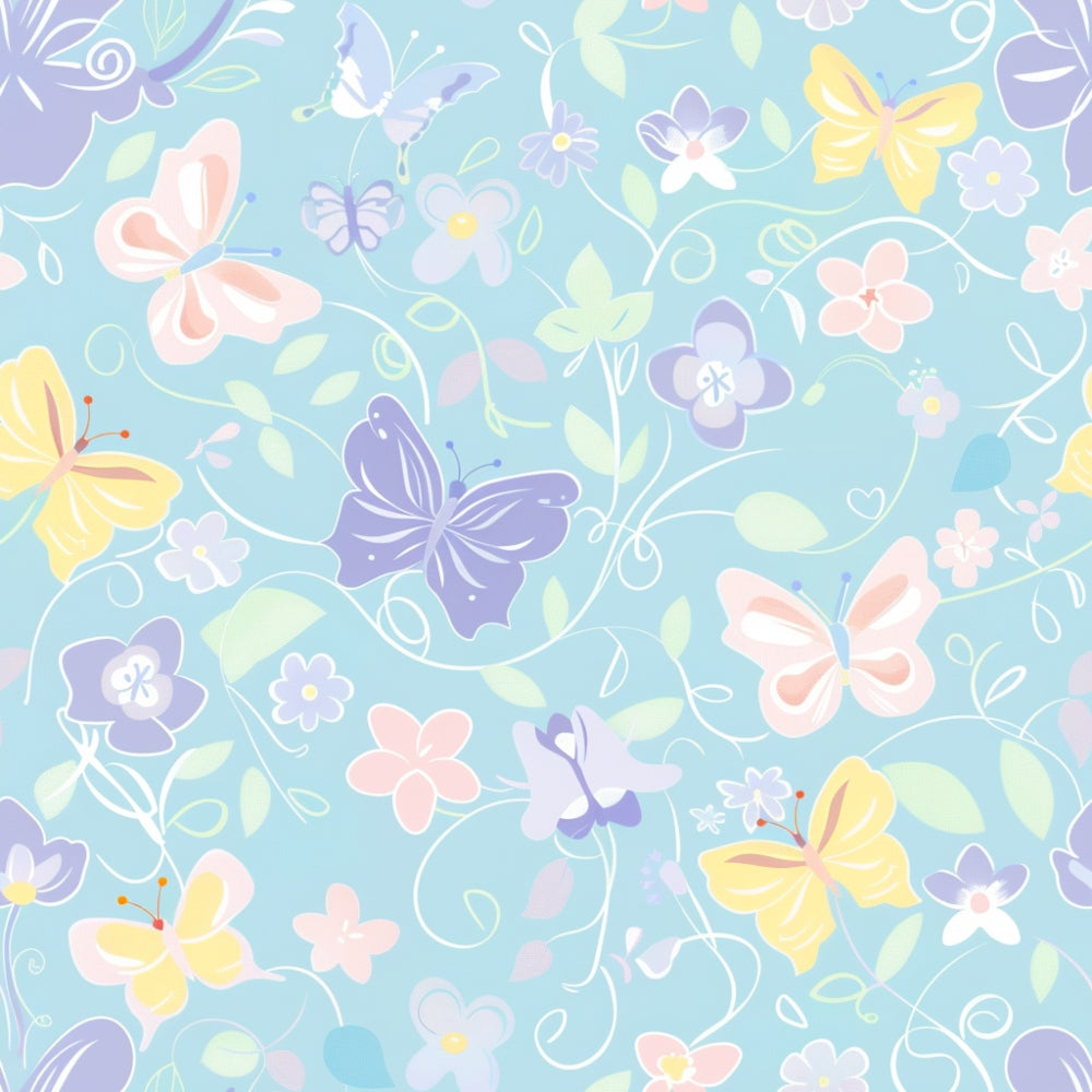Patterned design featuring butterflies and flowers in pastel colors on a light blue background.