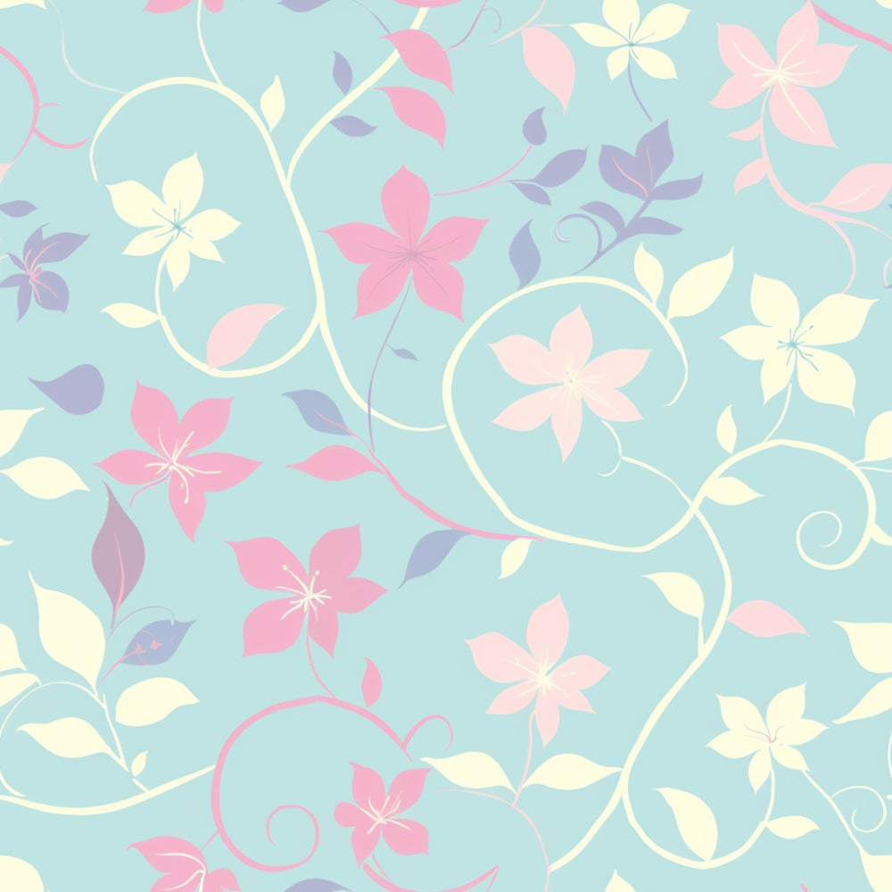 Pattern of pink and cream flowers with green leaves on a light blue background, featuring swirling vines.